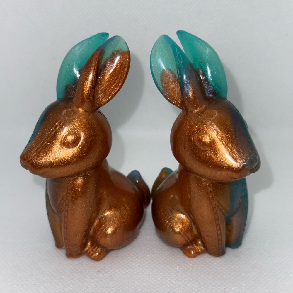 Handmade Elegant Bronze and Teal Rabbit Resin Figurine Set